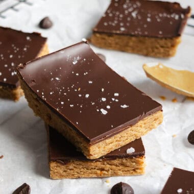 chocolate peanut butter protein bars with flaked sea salt.