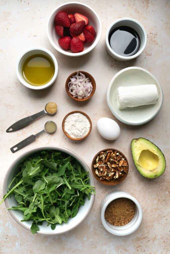 fried goat cheese and strawberry salad ingredients.