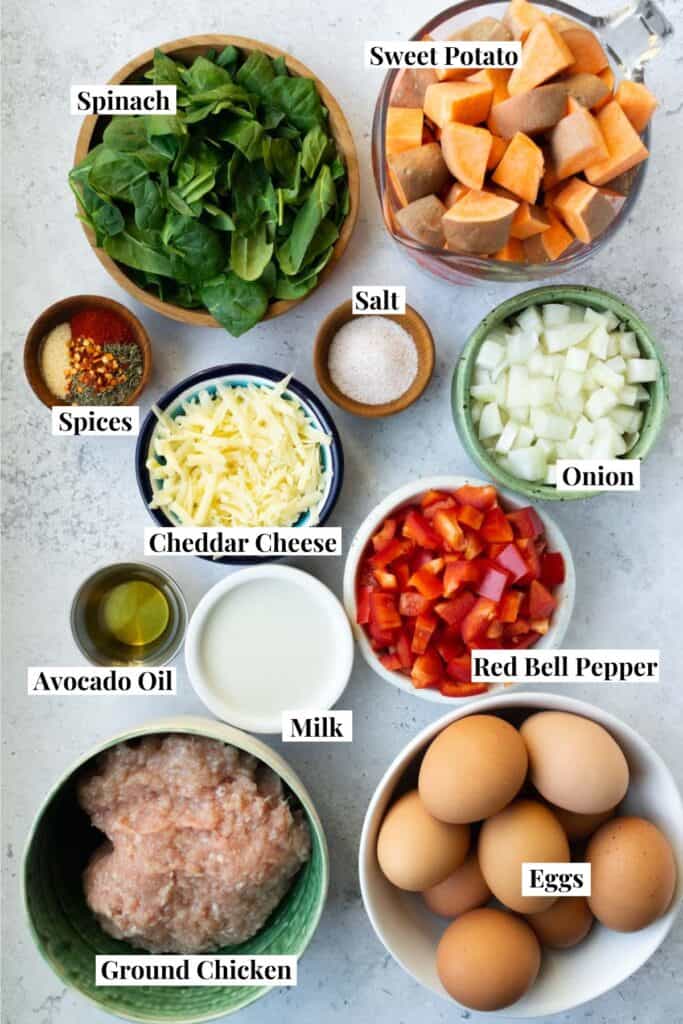 breakfast casserole ingredients in bowls